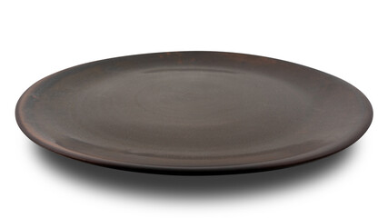Brown circle ceramics plate isolated on white background.