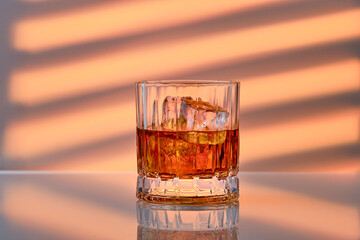 Whiskey with ice in rocks glass over striped background
