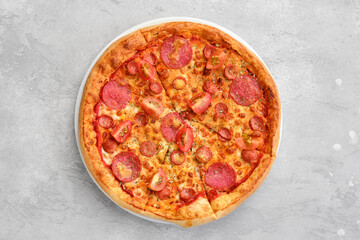 Top view of pizza pepperoni with two kind of sausages