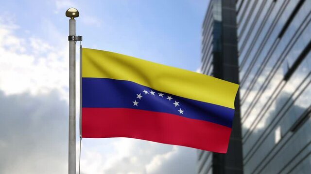3D, Venezuelan flag waving on wind with modern skyscraper city. Close up of Venezuela banner blowing, soft and smooth silk. Cloth fabric texture ensign background.-Dan