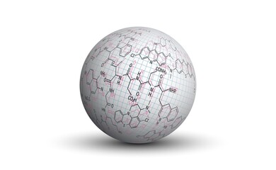 Background for a presentation on chemistry. Formulas for organic chemistry. A white three-dimensional sphere with a graphic image of the paper texture and formulas for organic chemistry.