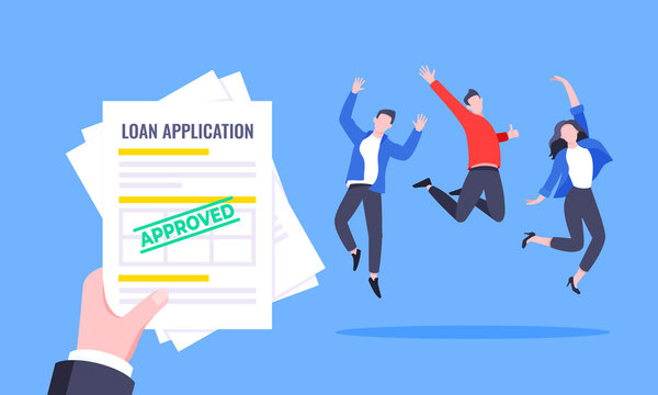 Hand holds loan approval application paper sheets document. Mortgage or credit form with stamp approved and happy person jumping behind flat style design vector illustration.