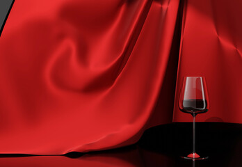 3D rendering white glass of wine with red drape
