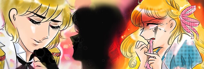 70年代少女漫画金髪イケメン王子様にプロポーズされた女の子の横顔と振られ嫉妬してハンカチを噛む金髪美人イラスト