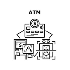 Atm Banking Machine Vector Icon Concept. Atm Banking Machine For Identification Bank Client And Withdraw Money Cash From Credit Card. Electronic Financial Equipment Black Illustration