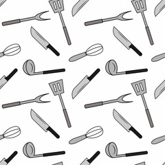 wallpapers and can be printed cloth seamless pattern design illustration of knives, forks, spoons and spatulas. texture dark gray. white background. for the kitchen, cooking tools, icons, food