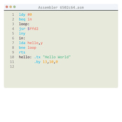 Assembler 6502c64 language Hello World program sample in editor window