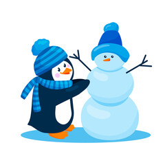 Penguin in a hat and scarfgoes making snowman. Cute penguin on snow is isolated on white background. Childish vector character.