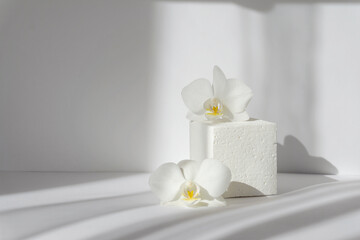 White square stand for presentations of packaging and cosmetics with delicate orchid flowers in...