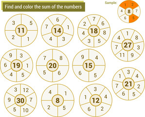  Mathematical game. Find and color in the numbers that add up the small circle