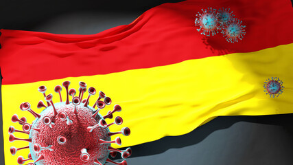 Covid in Afbeelding Oostende - coronavirus attacking a city flag of Afbeelding Oostende as a symbol of a fight and struggle with the virus pandemic in this city, 3d illustration