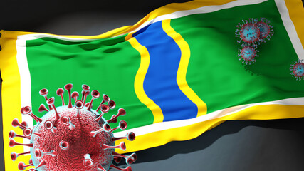 Covid in Andorra la Vella - coronavirus attacking a city flag of Andorra la Vella as a symbol of a fight and struggle with the virus pandemic in this city, 3d illustration