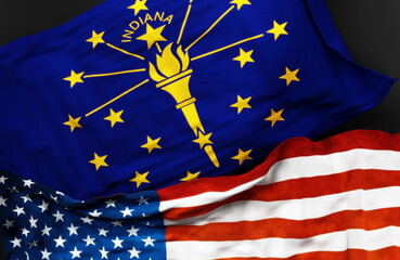Flag of Indiana along with a flag of the United States of America as a symbol of unity between them, 3d illustration