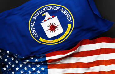 Flag of the U.S. Central Intelligence Agency along with a flag of the United States of America as a symbol of unity between them, 3d illustration - obrazy, fototapety, plakaty