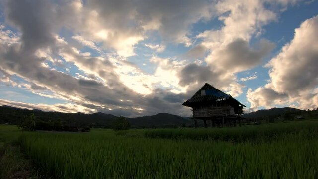 Time lapse of Beautiful movement clouds in the sunset sky over a hut in agriculture rice fields at rural of Mae Hong Son province Thailand.