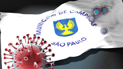 Covid in Campinas - coronavirus attacking a city flag of Campinas as a symbol of a fight and struggle with the virus pandemic in this city, 3d illustration