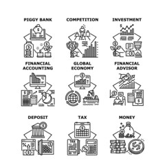 Financial Advisor Set Icons Vector Illustrations. Financial Advisor And Economy Competition, Money Deposit And Tax, Finance Accounting And Piggy Bank. Money Investment Black Illustration