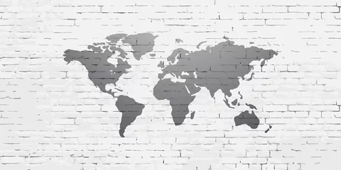  Simple stylized world map on brick wall. Continents silhouette in minimal line icon style. © tutti_frutti