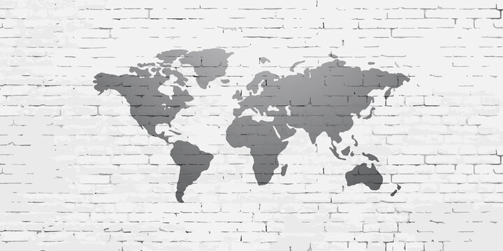 Fototapeta Simple stylized world map on brick wall. Continents silhouette in minimal line icon style.