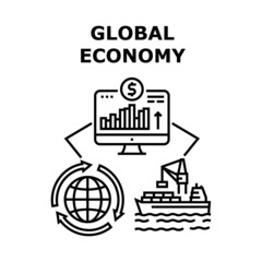 Global Economy Vector Icon Concept. Global Economy And International Business. Shipment And Trade Market Internet Financial Fund. World Electronic Commerce And Partnership Black Illustration