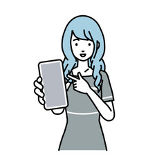 立ってスマートフォンを指差してこちらに向けて見せているエステ店員の女性