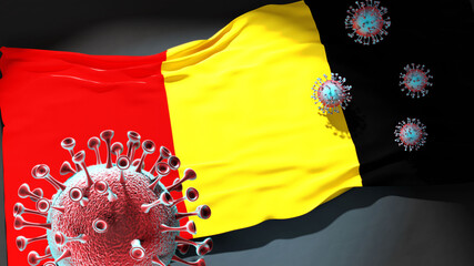 Covid in Besancon - coronavirus attacking a city flag of Besancon as a symbol of a fight and struggle with the virus pandemic in this city, 3d illustration