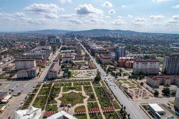 Russia, Chechnya, the Chechen Republic, the city of Grozny. Panoramic view of the city from the observation deck on the Grozny City skyscraper. A clear sunny day.