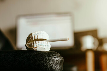 cast of plaster jaws against a computer background, the foreground and background are blurred