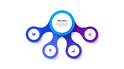 Flow chart infographic business template. Central circle with four circles around it. Vector info graphic design illustration with 4 steps