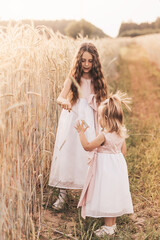 Two little girls collect spikelets in a wheat field