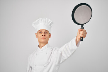 man author's form Frying pan in hands cooking kitchen item
