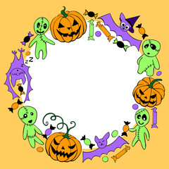 Happy Halloween-round frame of holiday design characters-pumpkin, Jack lantern, zombie, bat, candy. Festive border, title for greeting card, invitation, party poster, banner