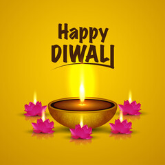 Indian festival of happy diwali celebration greeting card with burning diwali diya