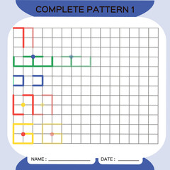 Repeat Pattern, Pazzle. Copy Picture. Special for preschool kids. Printable Kids Worksheet for practicing fine motor skills. Learn colors. Attention Exercise. Teachers Resources. Blue.