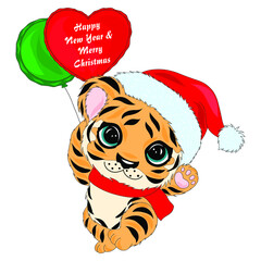Cute cartoon tiger on a white background. Symbol of 2022 on the Chinese calendar. Cute little tiger in christmas costume