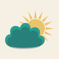 Blue cloud and yellow sun. Illustration with decorative lines. Cute print of weather. 