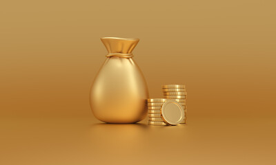 Golden Money sack bag and stack of coins isolated on gold background. money savings concept. minimal cartoon design.
