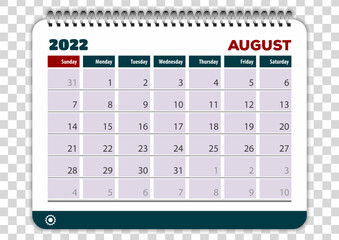 August 2022. Calendar planner design template. Week starts on Sunday