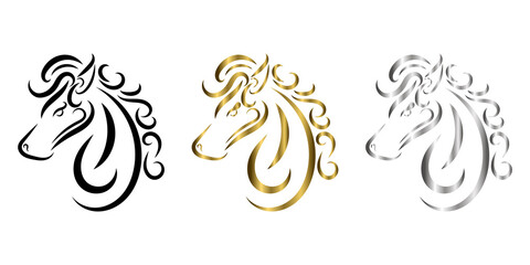 three color black gold and silver line art of horse head. Good use for symbol, mascot, icon, avatar, tattoo, T Shirt design, logo or any design
