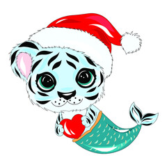 The year of the blue water tiger. Tiger in the form of a mermaid on a white background. Symbol of the year 2022