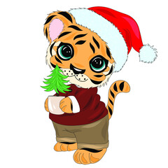 Cute cartoon tiger on a white background. Symbol of 2022 on the Chinese calendar. Cute little tiger in christmas costume