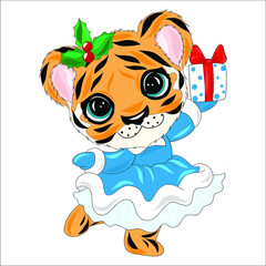 Cute cartoon tiger on a white background. Symbol of 2022 on the Chinese calendar. Cute little tiger in christmas costume