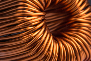 Copper inductor in a transformer, close-up photo
