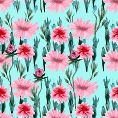 Seamless pattern with hand painted watercolor pale pink flowers on a light turquoise background. Floral design watercolor elements.