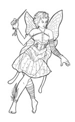 Magical fairy with wings and magic wand. Fairy tale character design. Black and white vector illustration