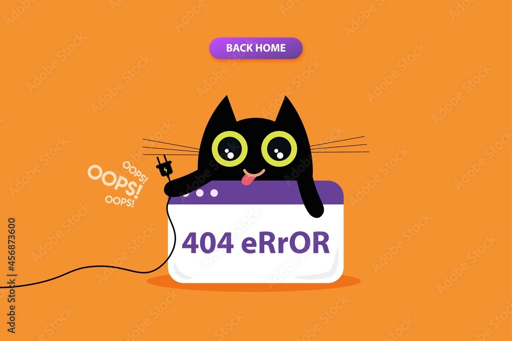 Poster 404 error page with black cat illustrations. not found system updates, uploading, operation, computi