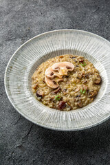 Risotto with wild mushrooms and champignons. Ready menu for the restaurant. Neutral gray blue textured background