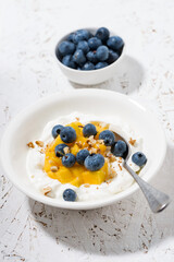 thick Greek yogurt with mango and blueberries, vertical