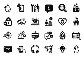 Fototapeta premium Vector Set of Technology icons related to Energy, Bitcoin and Medical calendar icons. Education, Headphones and Heart signs. 5g cloud, Repairman and Artificial colors. Warning, Credit card. Vector