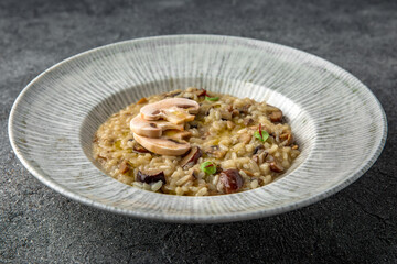 Risotto with wild mushrooms and champignons. Ready menu for the restaurant. Neutral gray blue textured background